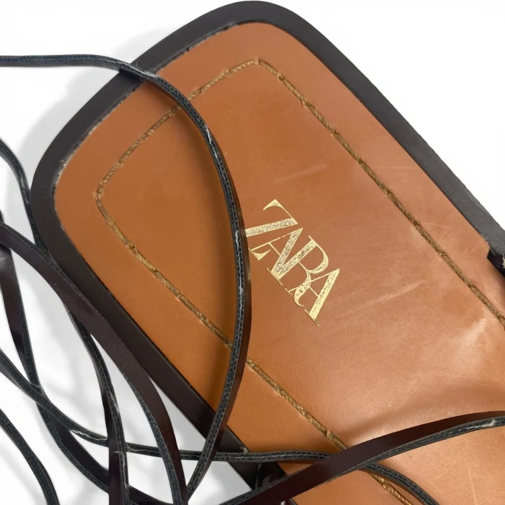 ZARA Flat Lace-up Sandals with multiple straps in Brown Size 40 - Picture 4 of 7